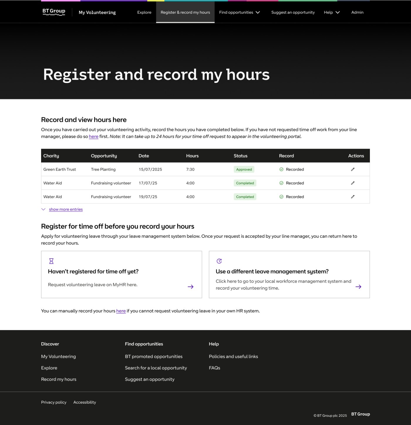 Register and record my hours, activity recorded