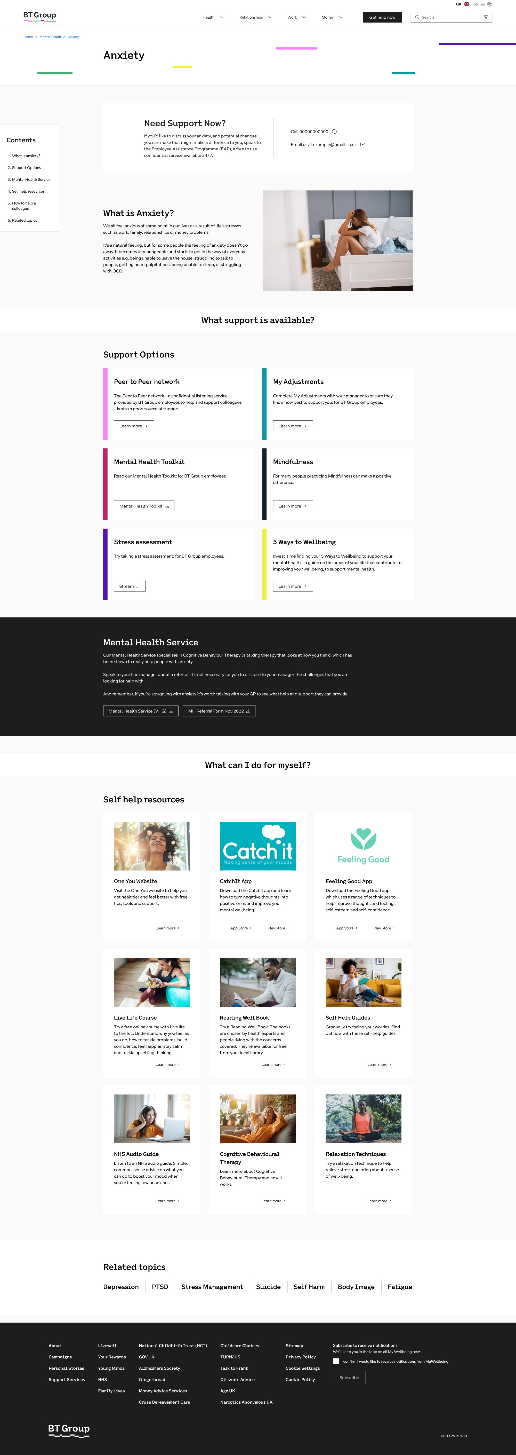 Anxiety topic page, support contact surfaced first, then guidance, self-help resources and related topics
