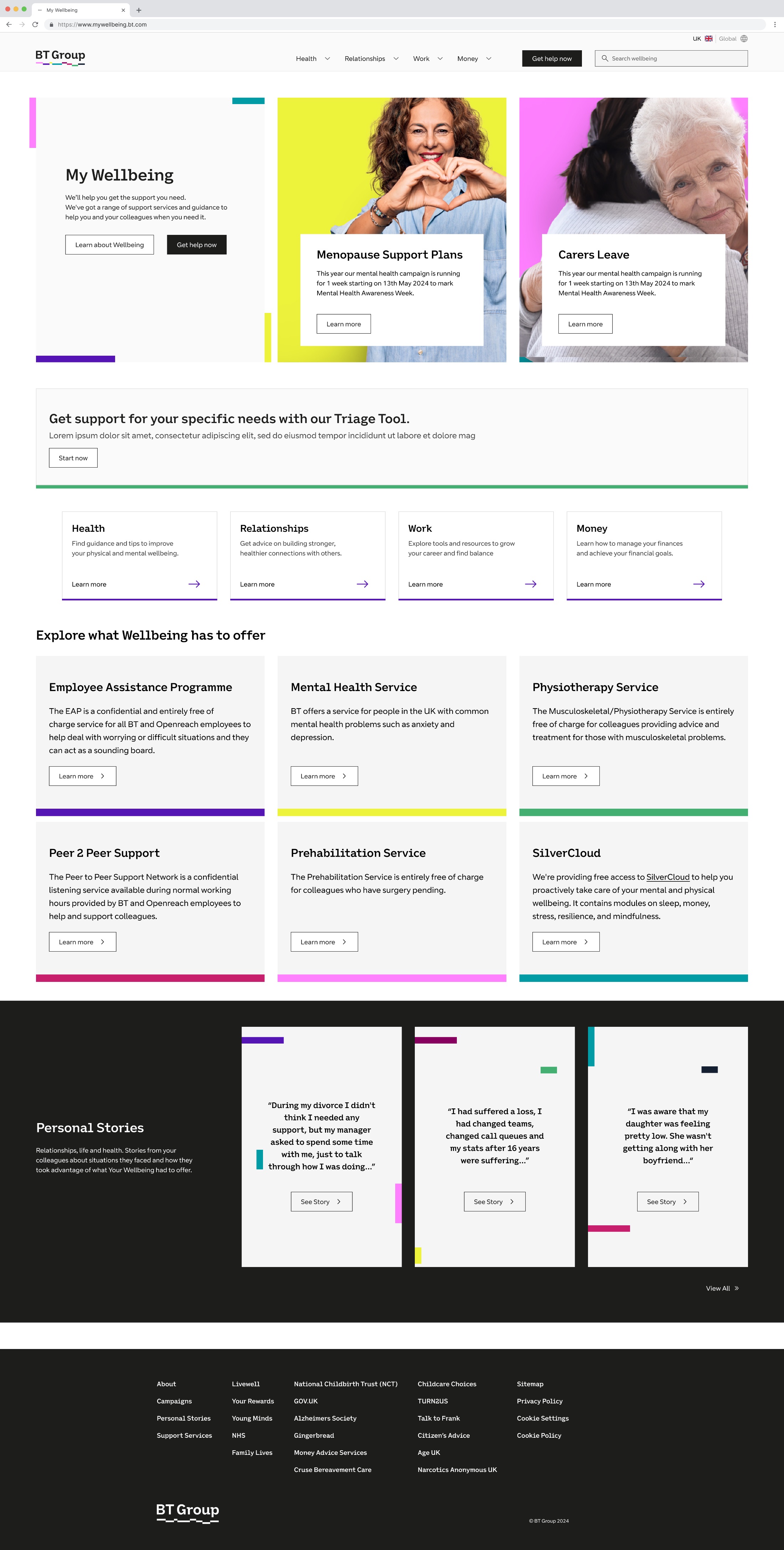 My Wellbeing, redesigned homepage, four user-centred areas