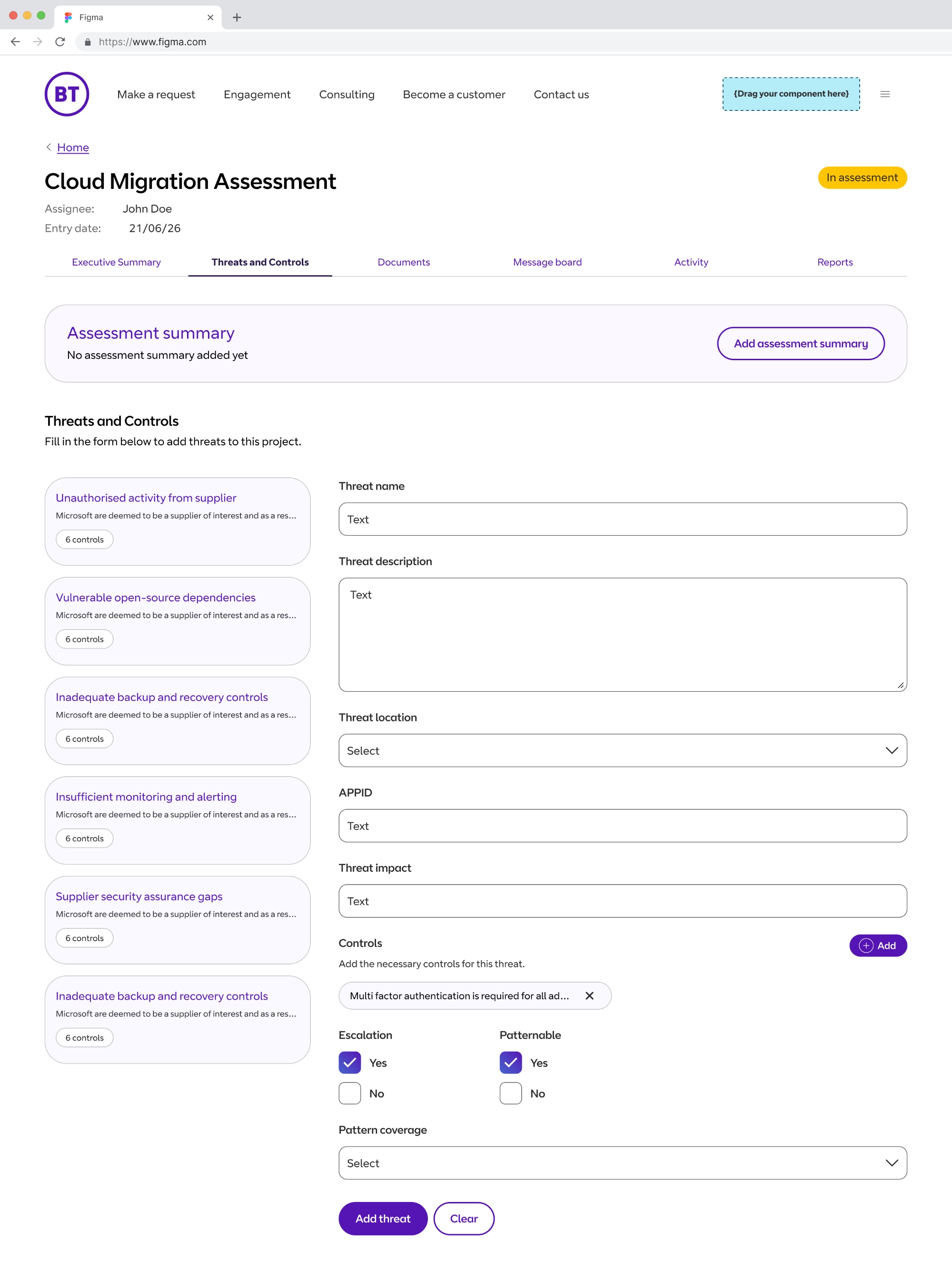 Threats and Controls workflow, consultancy assessment UI